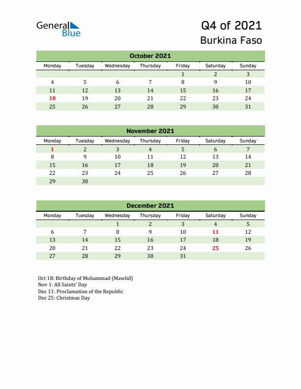 Quarterly Calendar 2021 with Burkina Faso Holidays