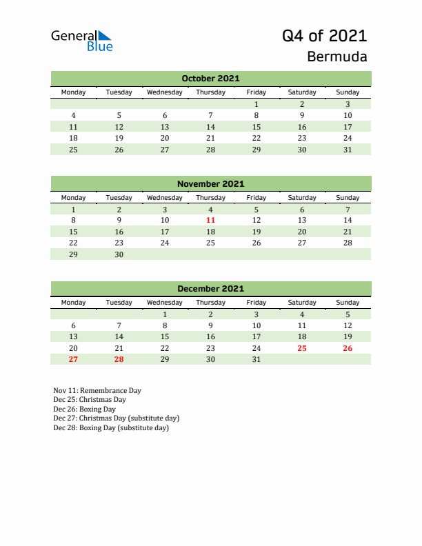 Quarterly Calendar 2021 with Bermuda Holidays