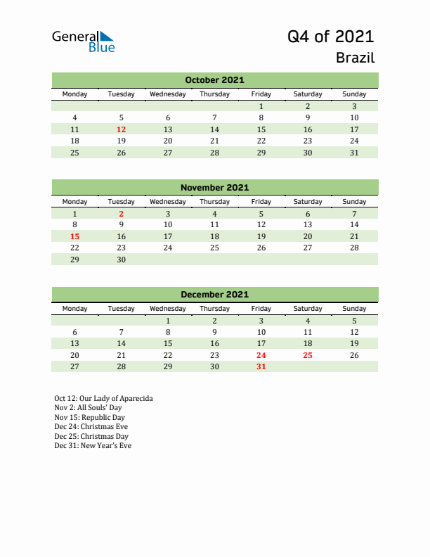 Quarterly Calendar 2021 with Brazil Holidays