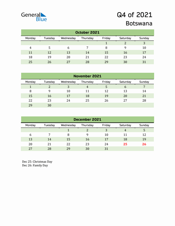 Quarterly Calendar 2021 with Botswana Holidays