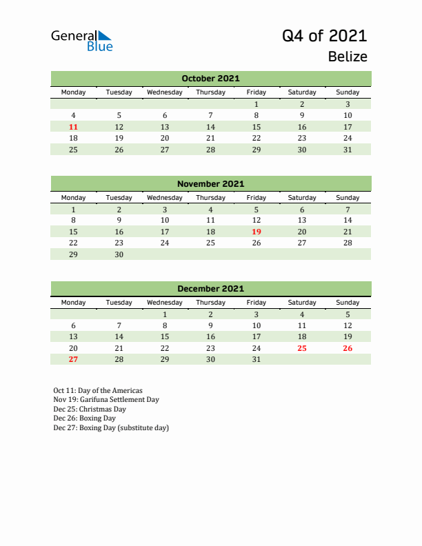 Quarterly Calendar 2021 with Belize Holidays