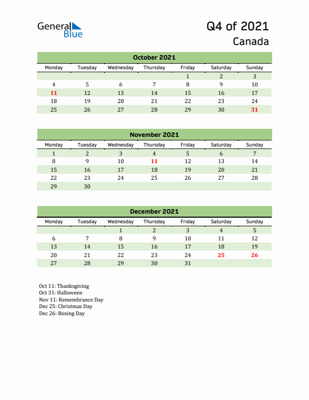 Quarterly Calendar 2021 with Canada Holidays