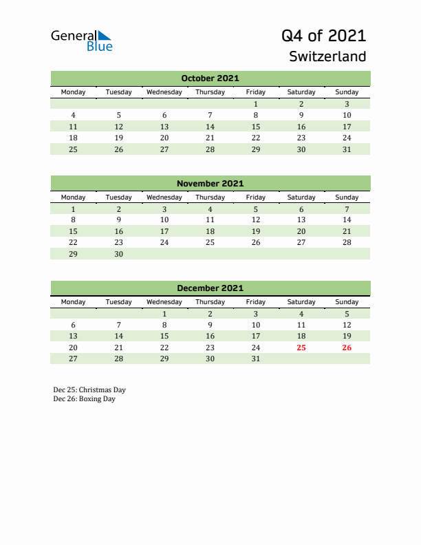 Quarterly Calendar 2021 with Switzerland Holidays