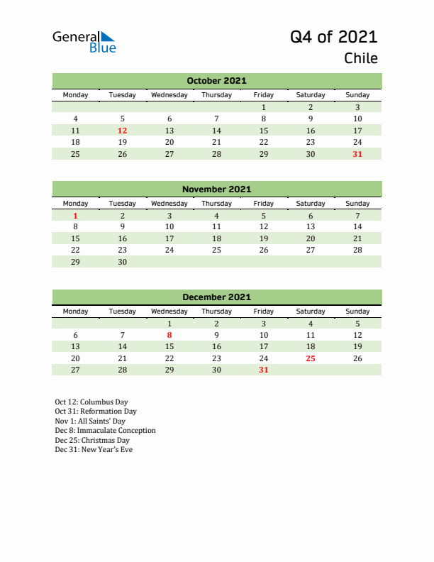 Quarterly Calendar 2021 with Chile Holidays