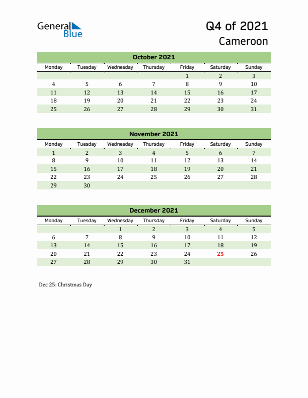 Quarterly Calendar 2021 with Cameroon Holidays