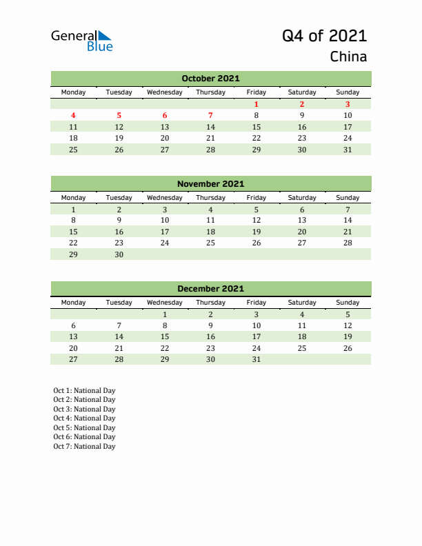 Quarterly Calendar 2021 with China Holidays