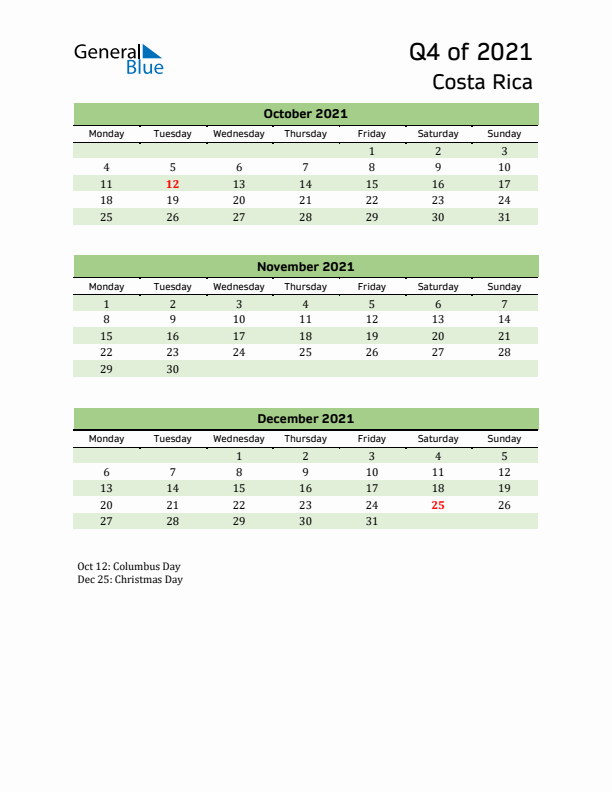 Quarterly Calendar 2021 with Costa Rica Holidays