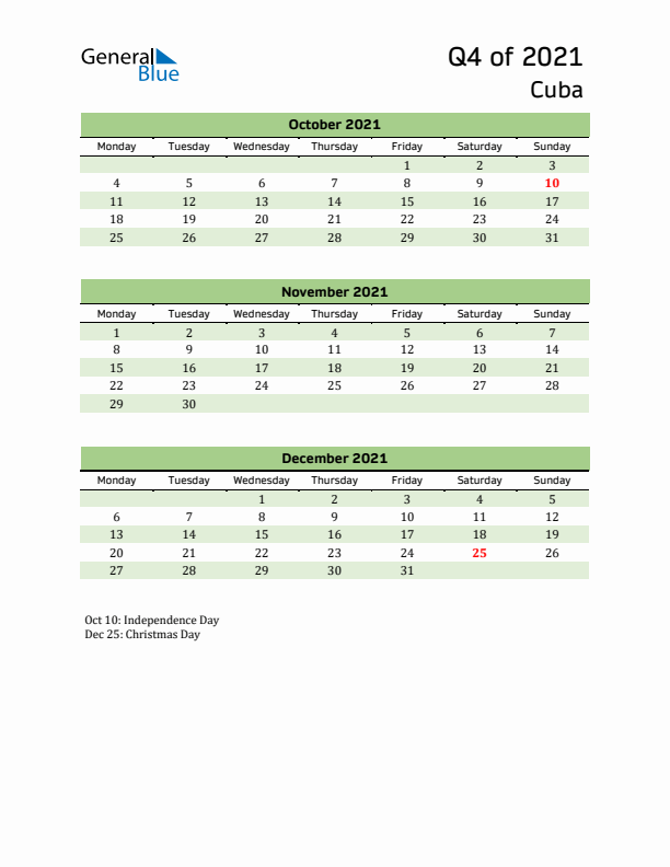 Quarterly Calendar 2021 with Cuba Holidays