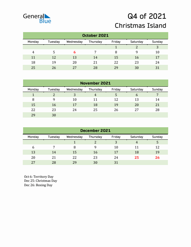 Quarterly Calendar 2021 with Christmas Island Holidays