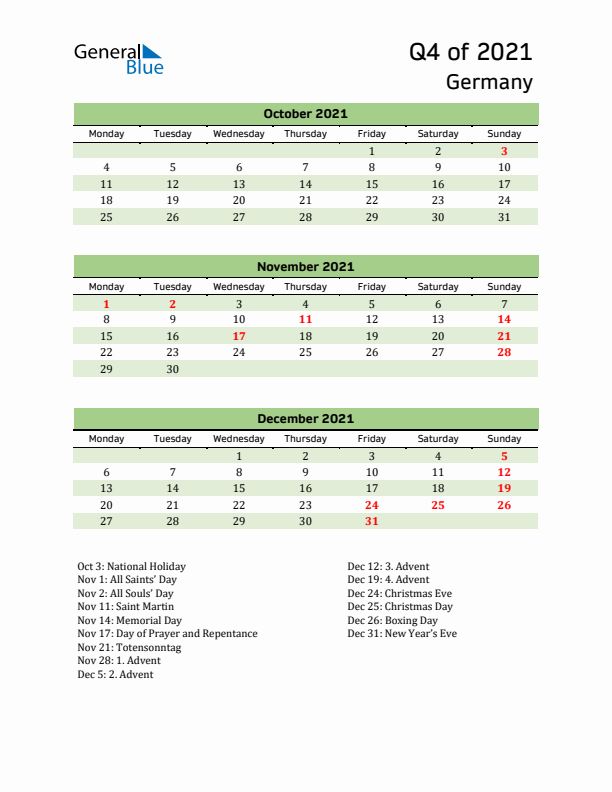 Quarterly Calendar 2021 with Germany Holidays