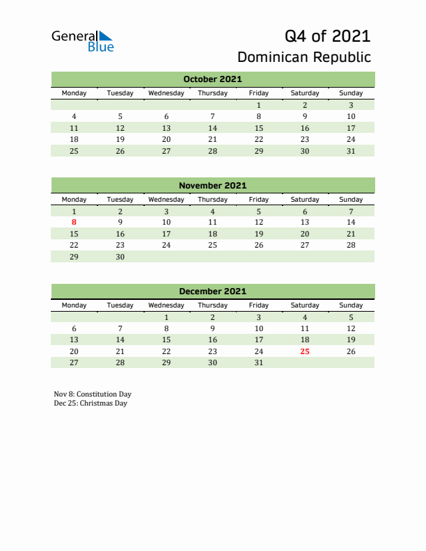 Quarterly Calendar 2021 with Dominican Republic Holidays