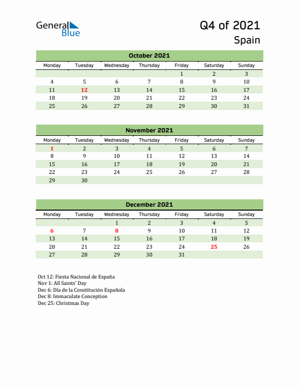 Quarterly Calendar 2021 with Spain Holidays