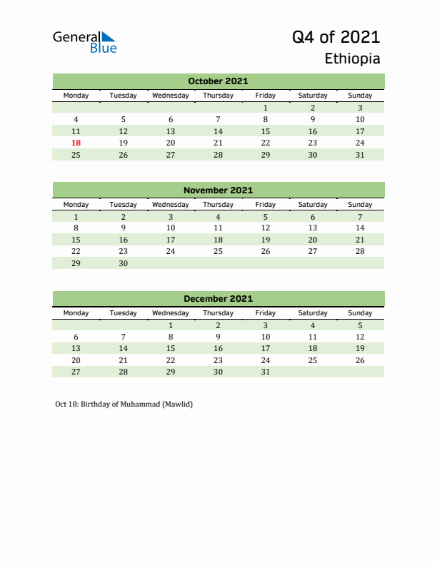 Quarterly Calendar 2021 with Ethiopia Holidays