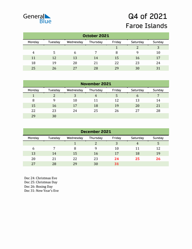 Quarterly Calendar 2021 with Faroe Islands Holidays