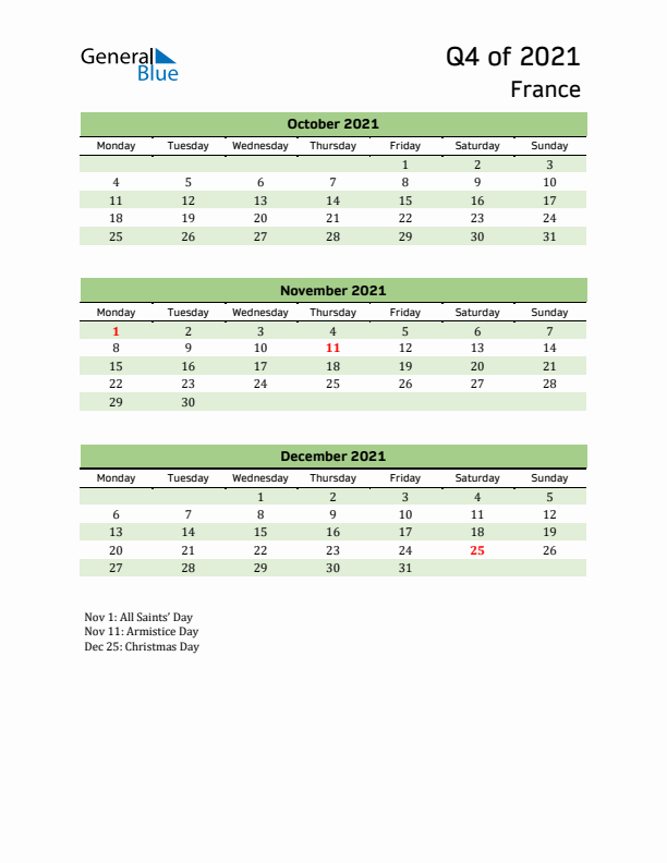 Quarterly Calendar 2021 with France Holidays