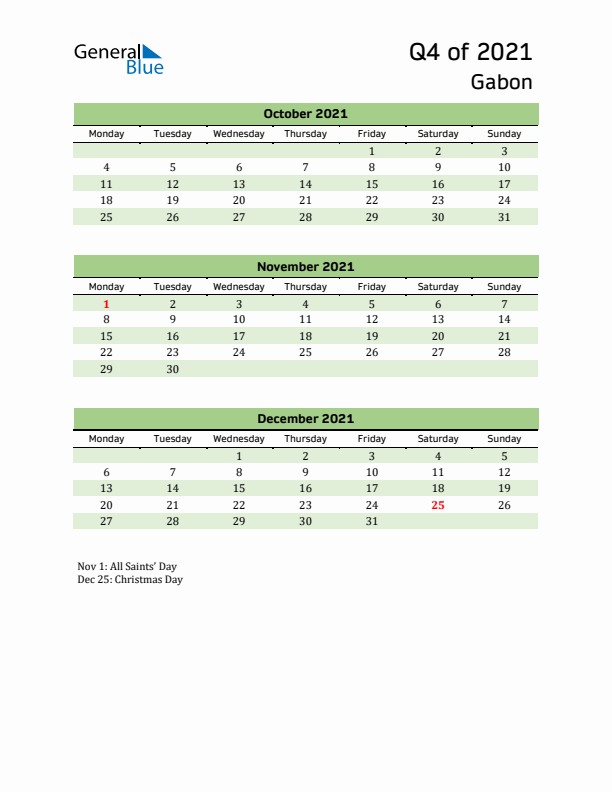 Quarterly Calendar 2021 with Gabon Holidays