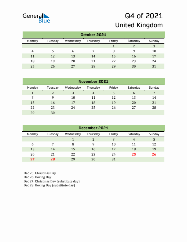 Quarterly Calendar 2021 with United Kingdom Holidays