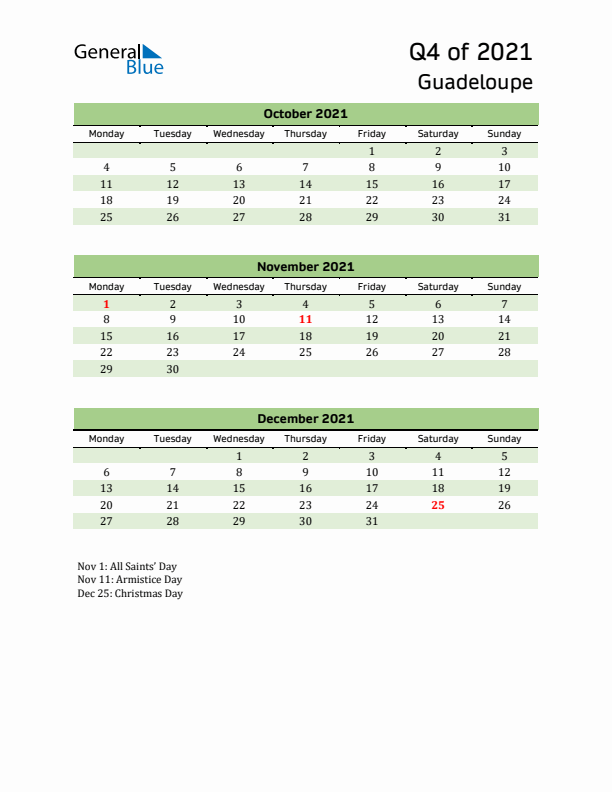 Quarterly Calendar 2021 with Guadeloupe Holidays