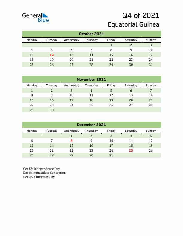 Quarterly Calendar 2021 with Equatorial Guinea Holidays