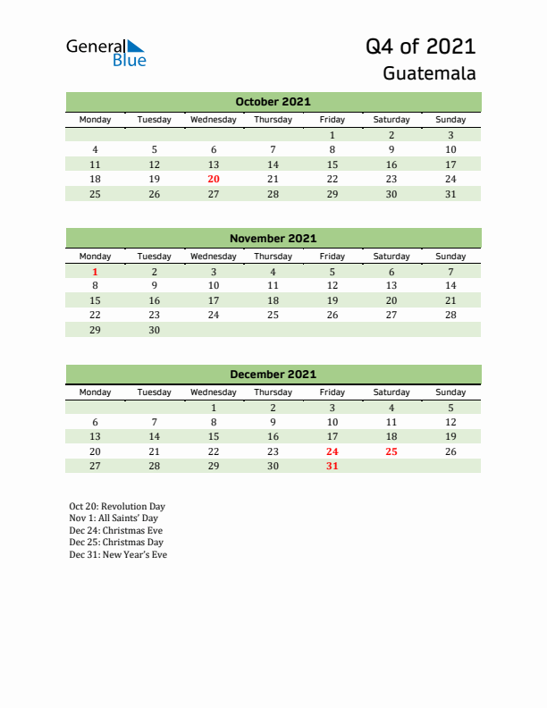 Quarterly Calendar 2021 with Guatemala Holidays