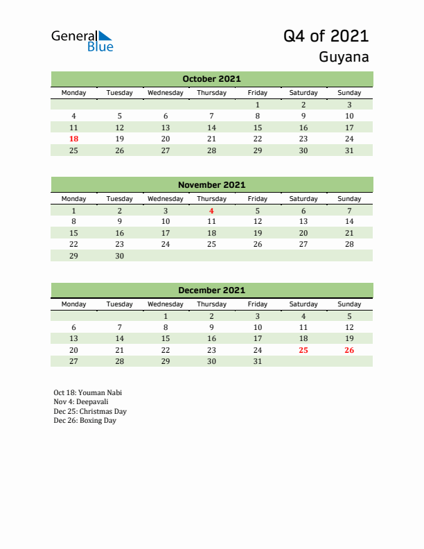 Quarterly Calendar 2021 with Guyana Holidays