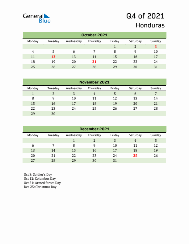 Quarterly Calendar 2021 with Honduras Holidays