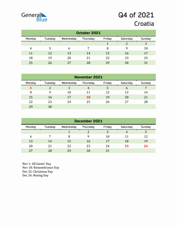 Quarterly Calendar 2021 with Croatia Holidays