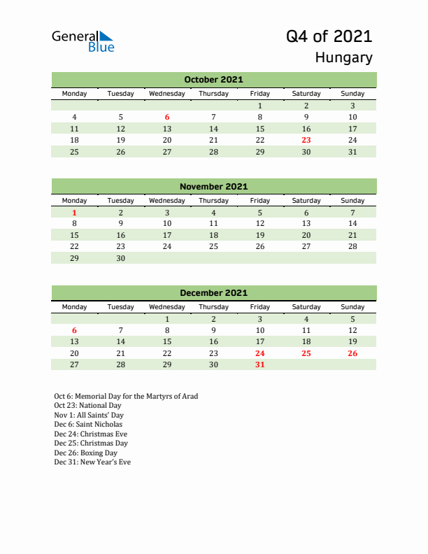 Quarterly Calendar 2021 with Hungary Holidays