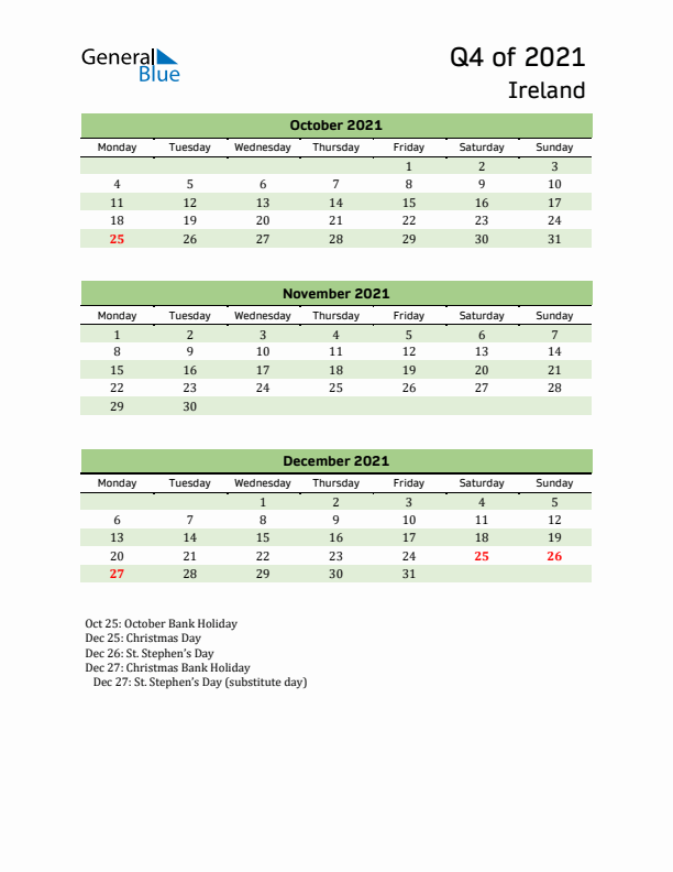 Quarterly Calendar 2021 with Ireland Holidays