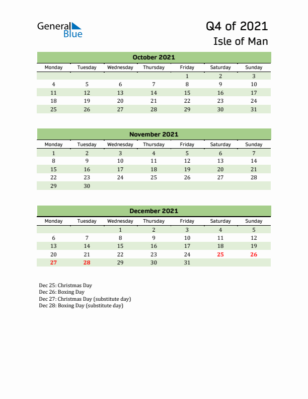 Quarterly Calendar 2021 with Isle of Man Holidays