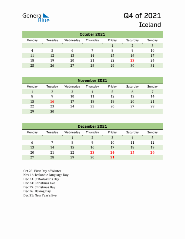 Quarterly Calendar 2021 with Iceland Holidays