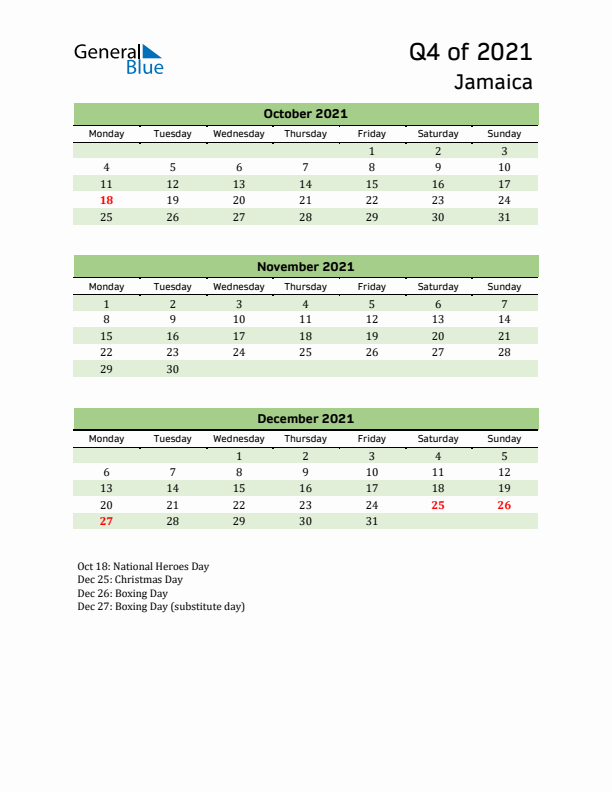 Quarterly Calendar 2021 with Jamaica Holidays