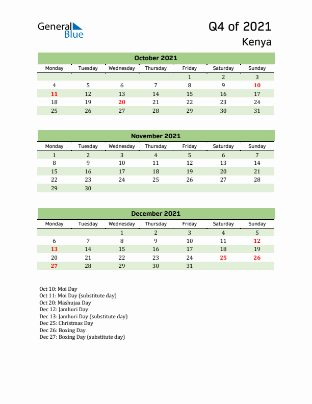 Quarterly Calendar 2021 with Kenya Holidays