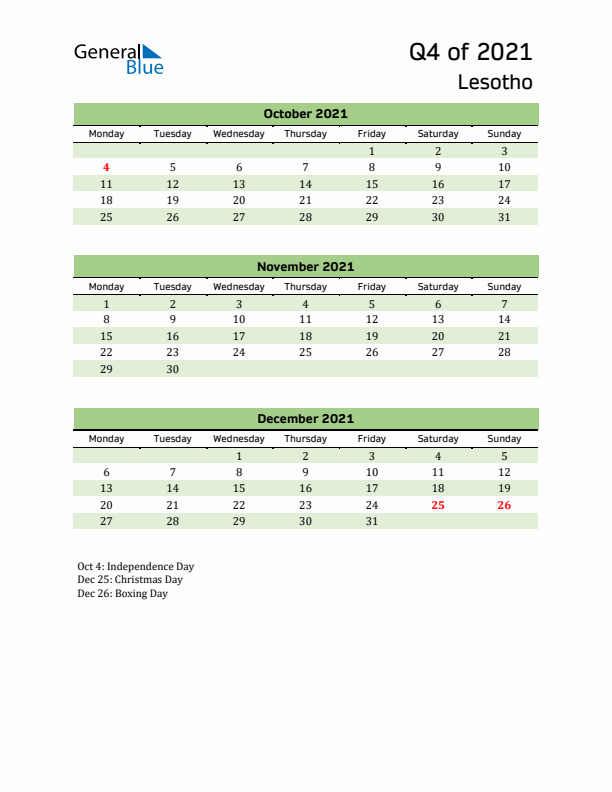 Quarterly Calendar 2021 with Lesotho Holidays