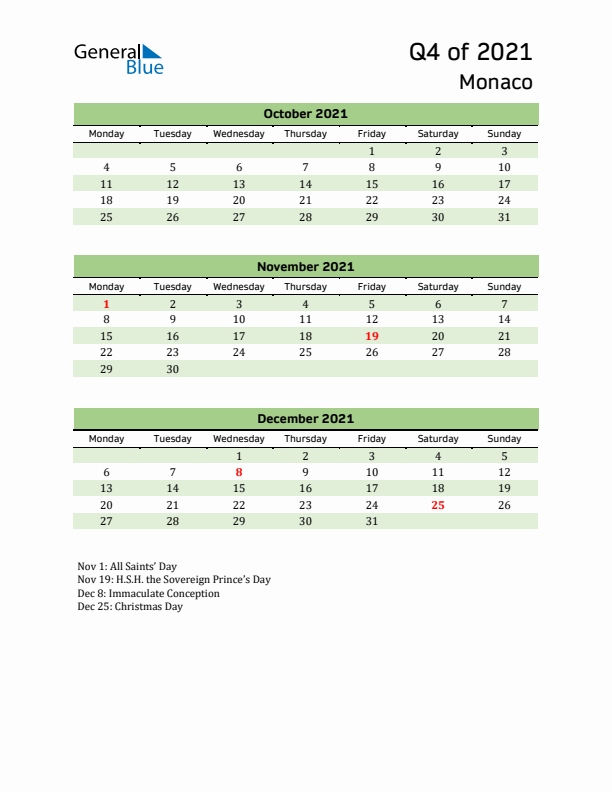 Quarterly Calendar 2021 with Monaco Holidays