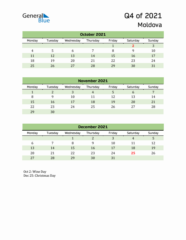 Quarterly Calendar 2021 with Moldova Holidays