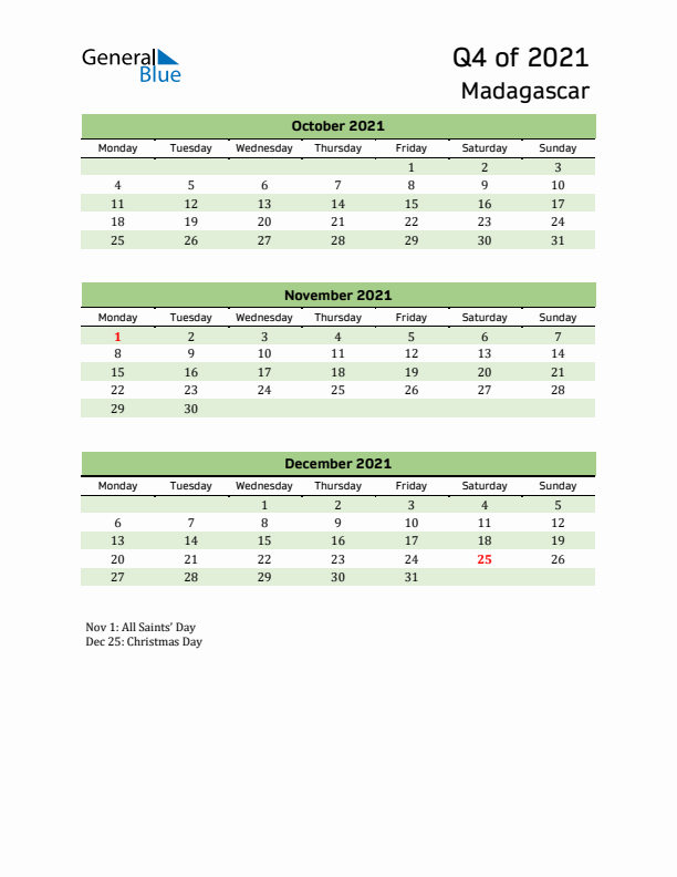 Quarterly Calendar 2021 with Madagascar Holidays