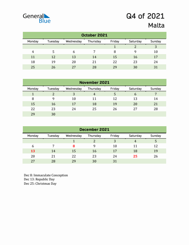 Quarterly Calendar 2021 with Malta Holidays