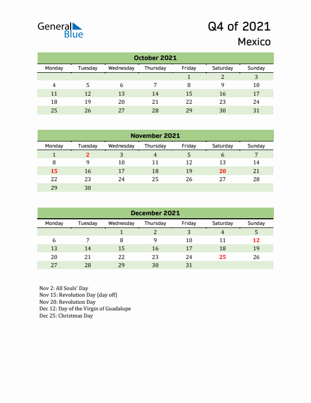 Quarterly Calendar 2021 with Mexico Holidays