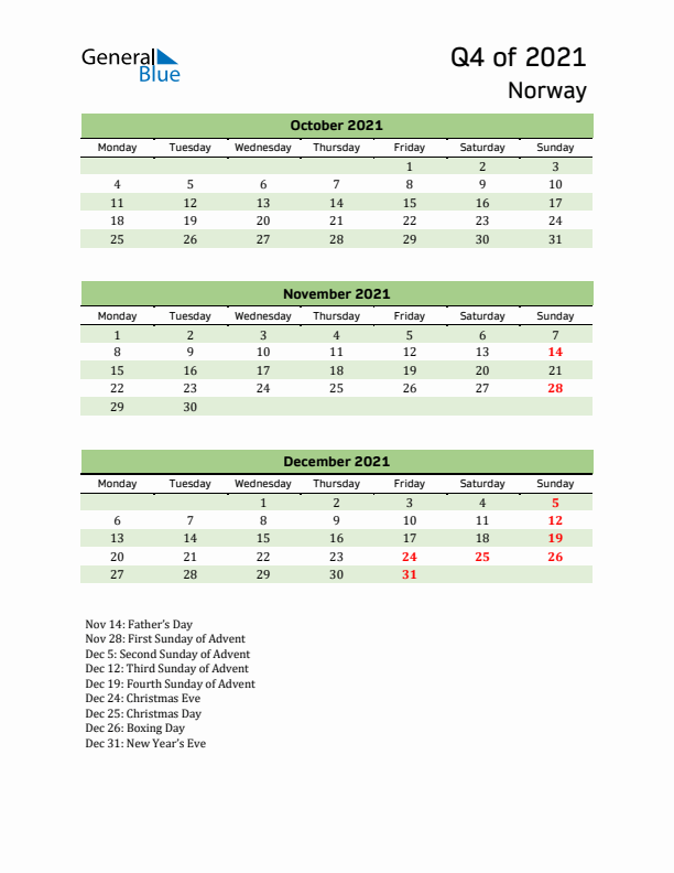 Quarterly Calendar 2021 with Norway Holidays