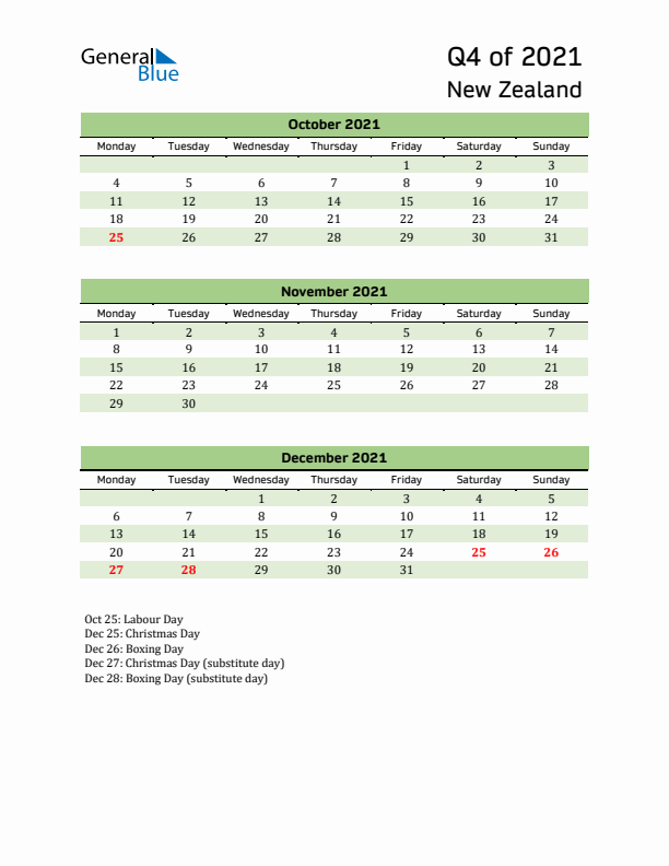 Quarterly Calendar 2021 with New Zealand Holidays