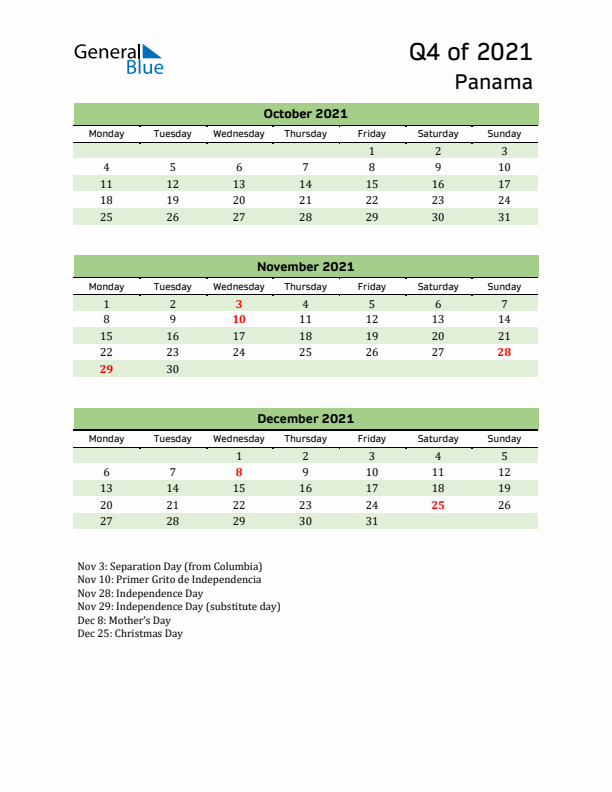 Quarterly Calendar 2021 with Panama Holidays