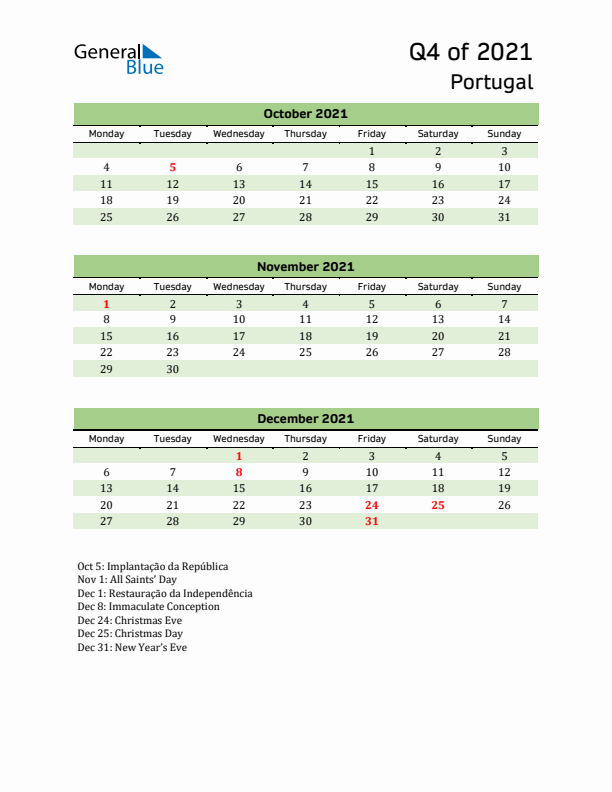 Quarterly Calendar 2021 with Portugal Holidays