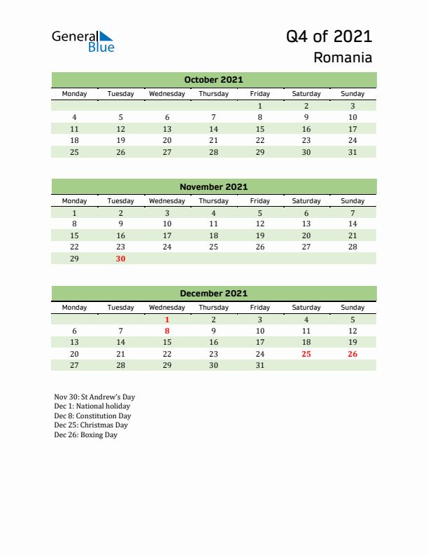 Quarterly Calendar 2021 with Romania Holidays