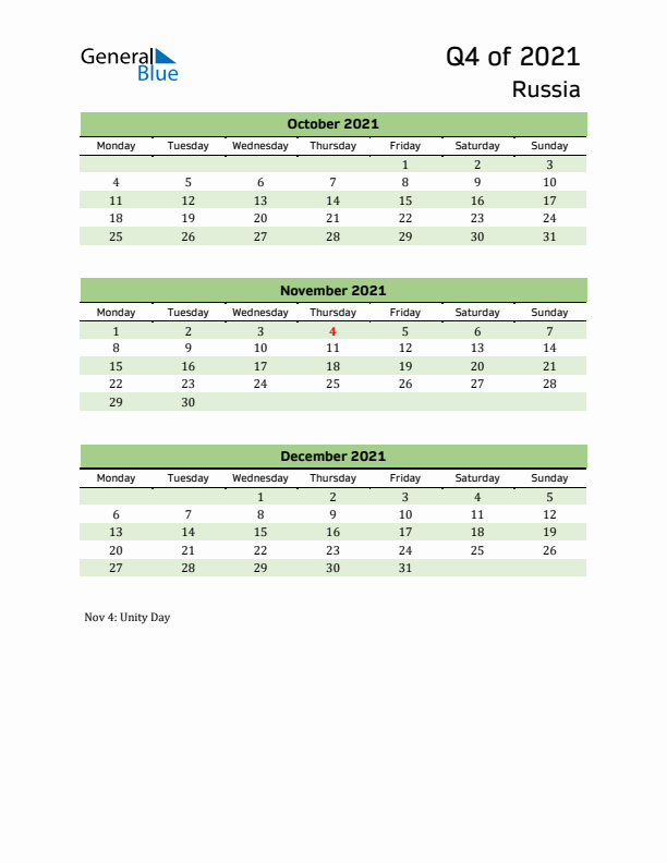 Quarterly Calendar 2021 with Russia Holidays