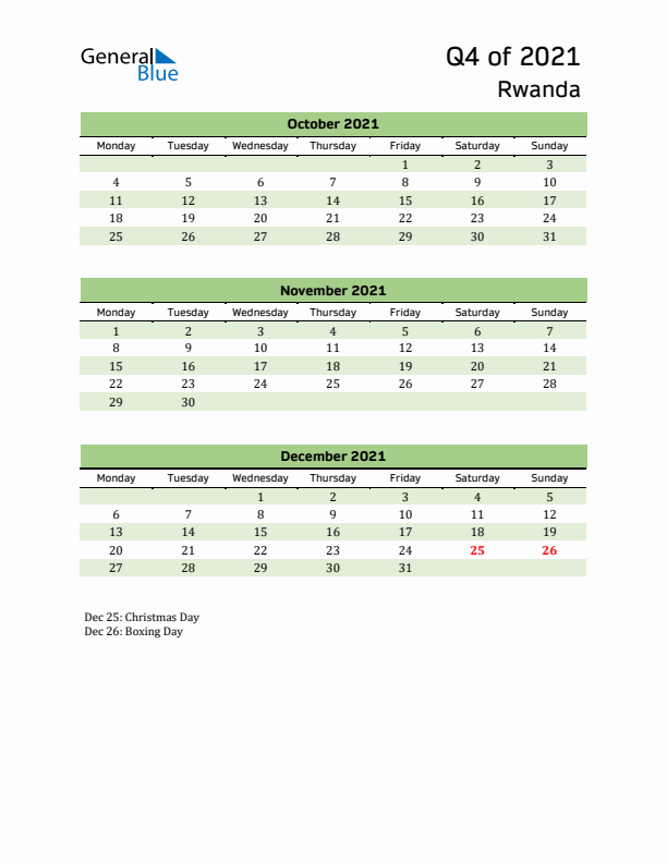 Quarterly Calendar 2021 with Rwanda Holidays