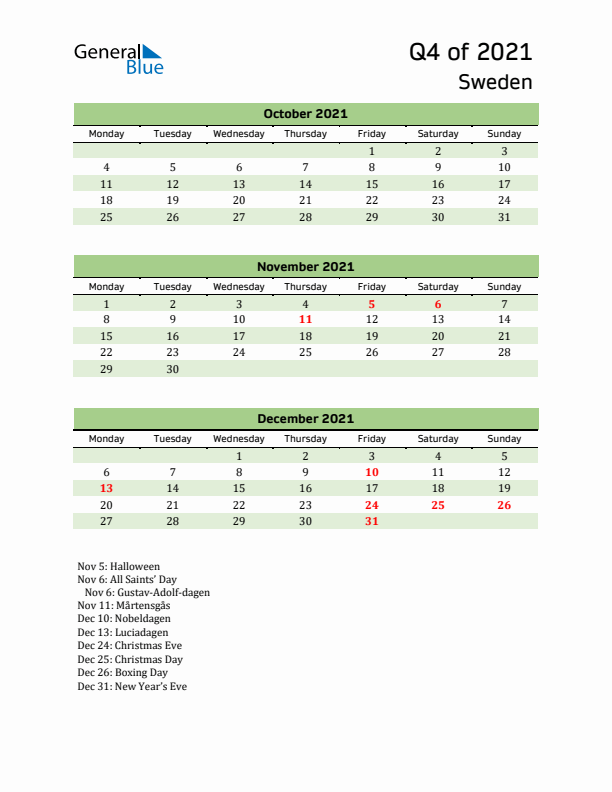 Quarterly Calendar 2021 with Sweden Holidays