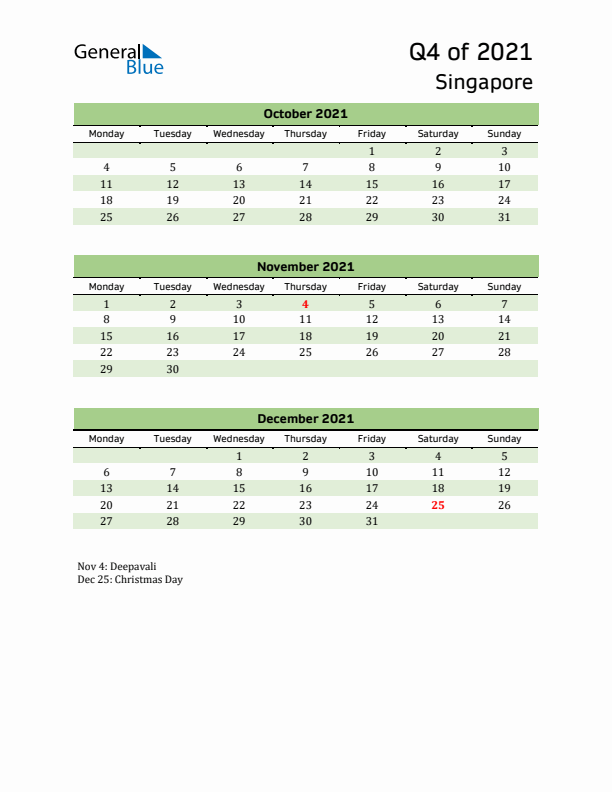 Quarterly Calendar 2021 with Singapore Holidays