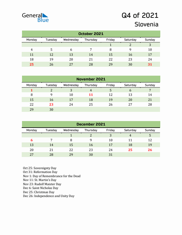 Quarterly Calendar 2021 with Slovenia Holidays