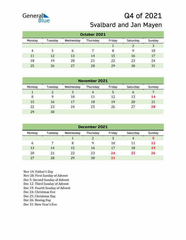 Quarterly Calendar 2021 with Svalbard and Jan Mayen Holidays